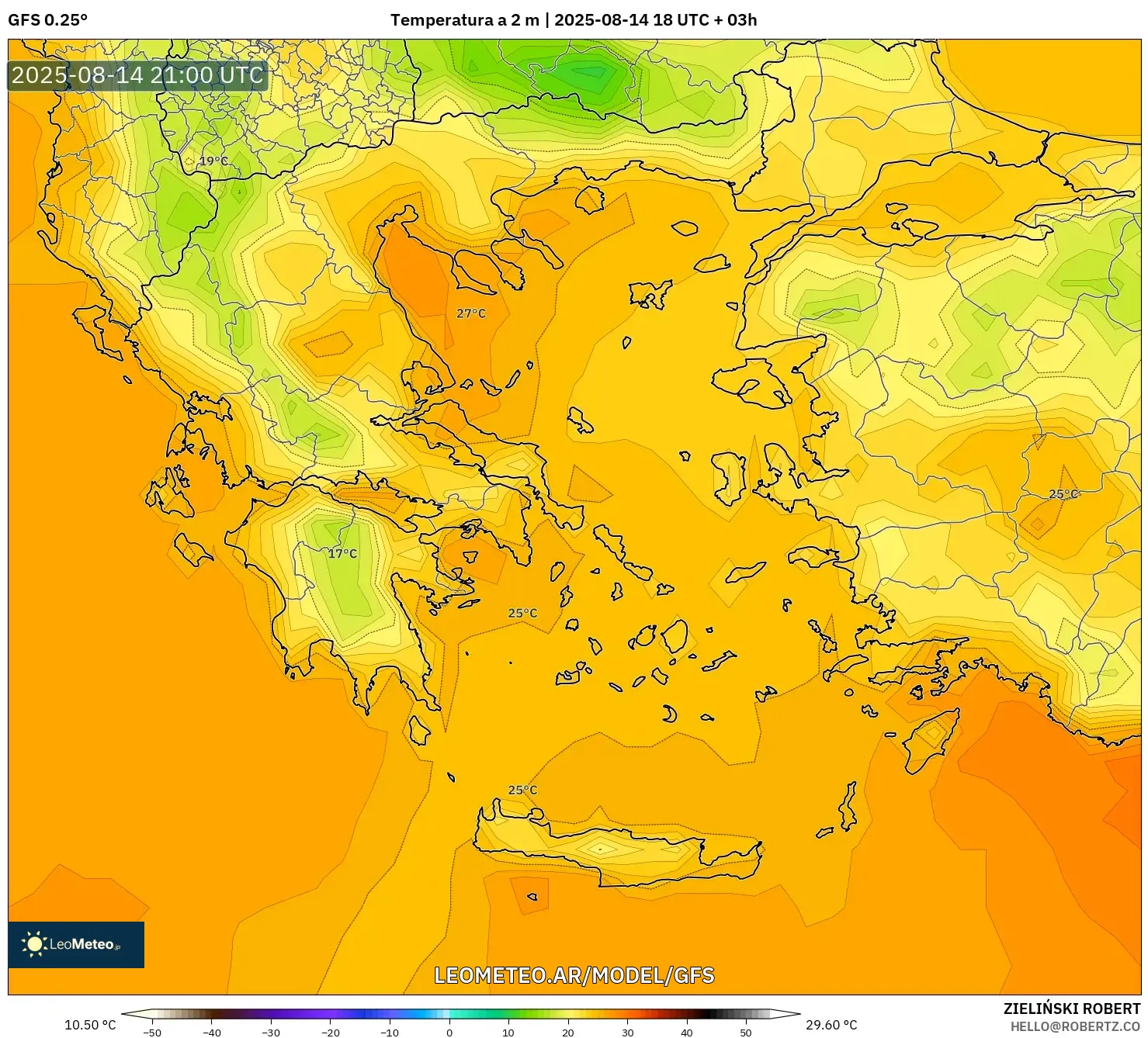 GFS model - Grecia, Temperatura a 2 m
