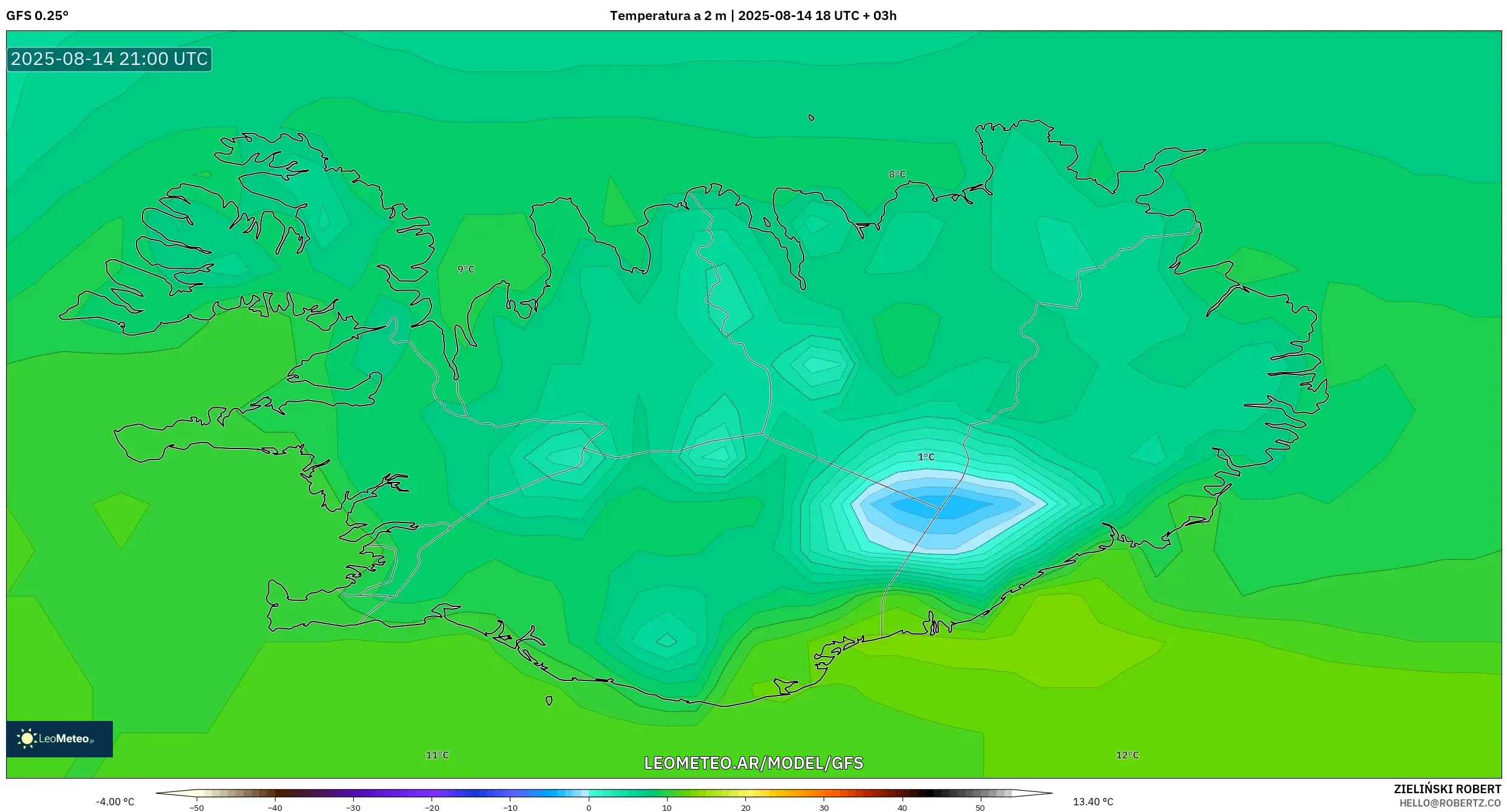GFS model - Islandia, Temperatura a 2 m