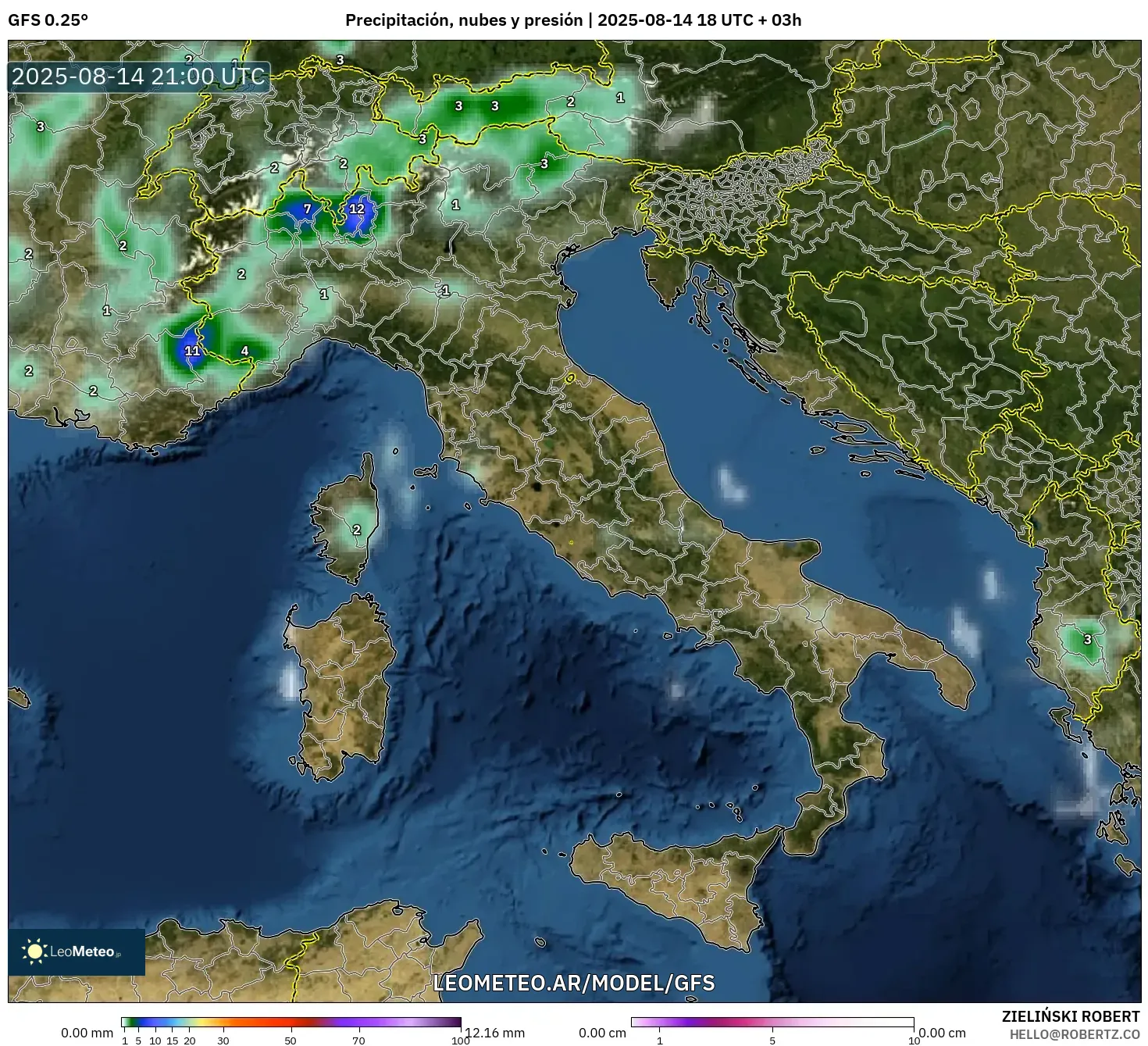 GFS model - Italia, Precipitación, nubes y presión