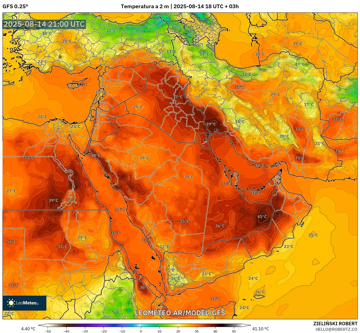 GFS model - Oriente Medio, Temperatura a 2 m