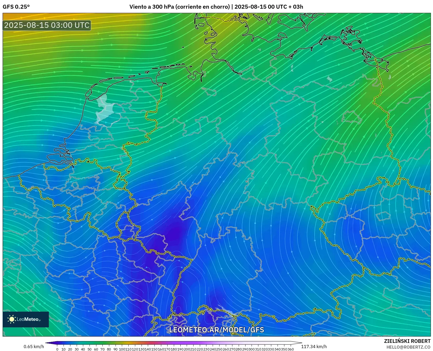 GFS model - Alemania, Viento a 300 hPa (corriente en chorro)