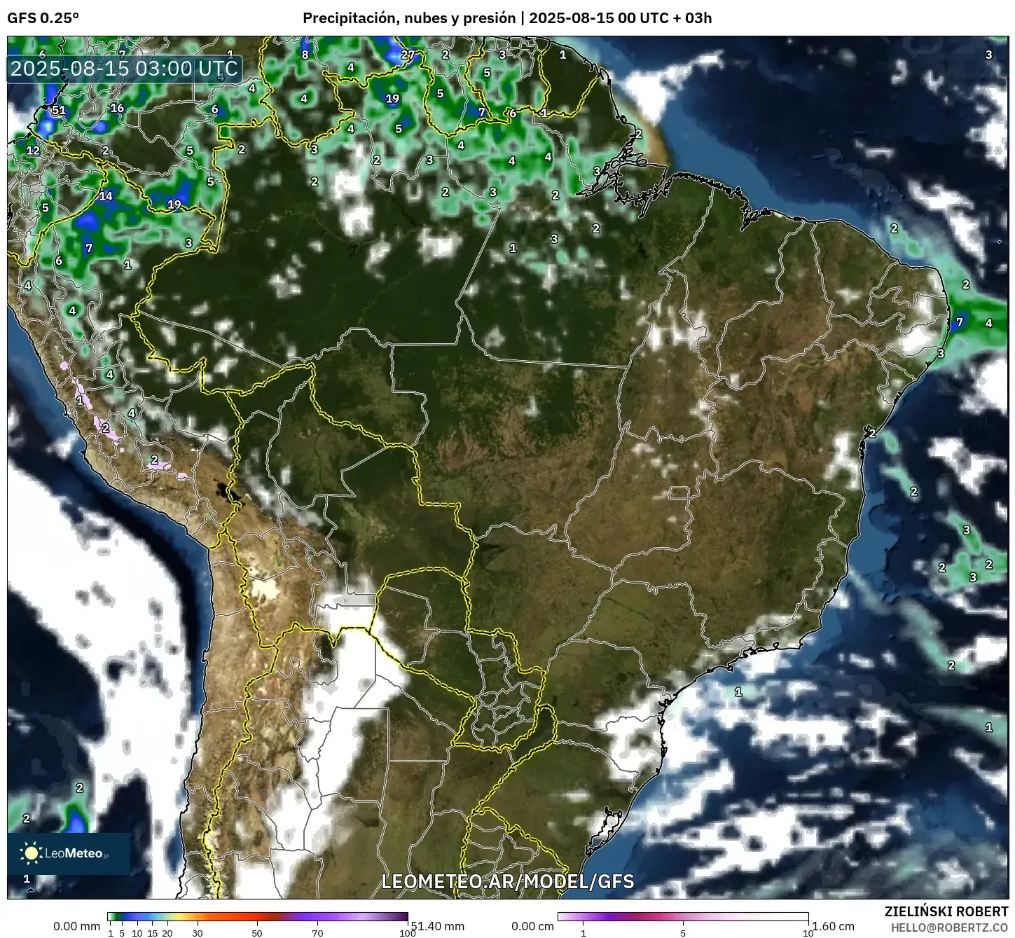GFS model - Brasil, Precipitación, nubes y presión