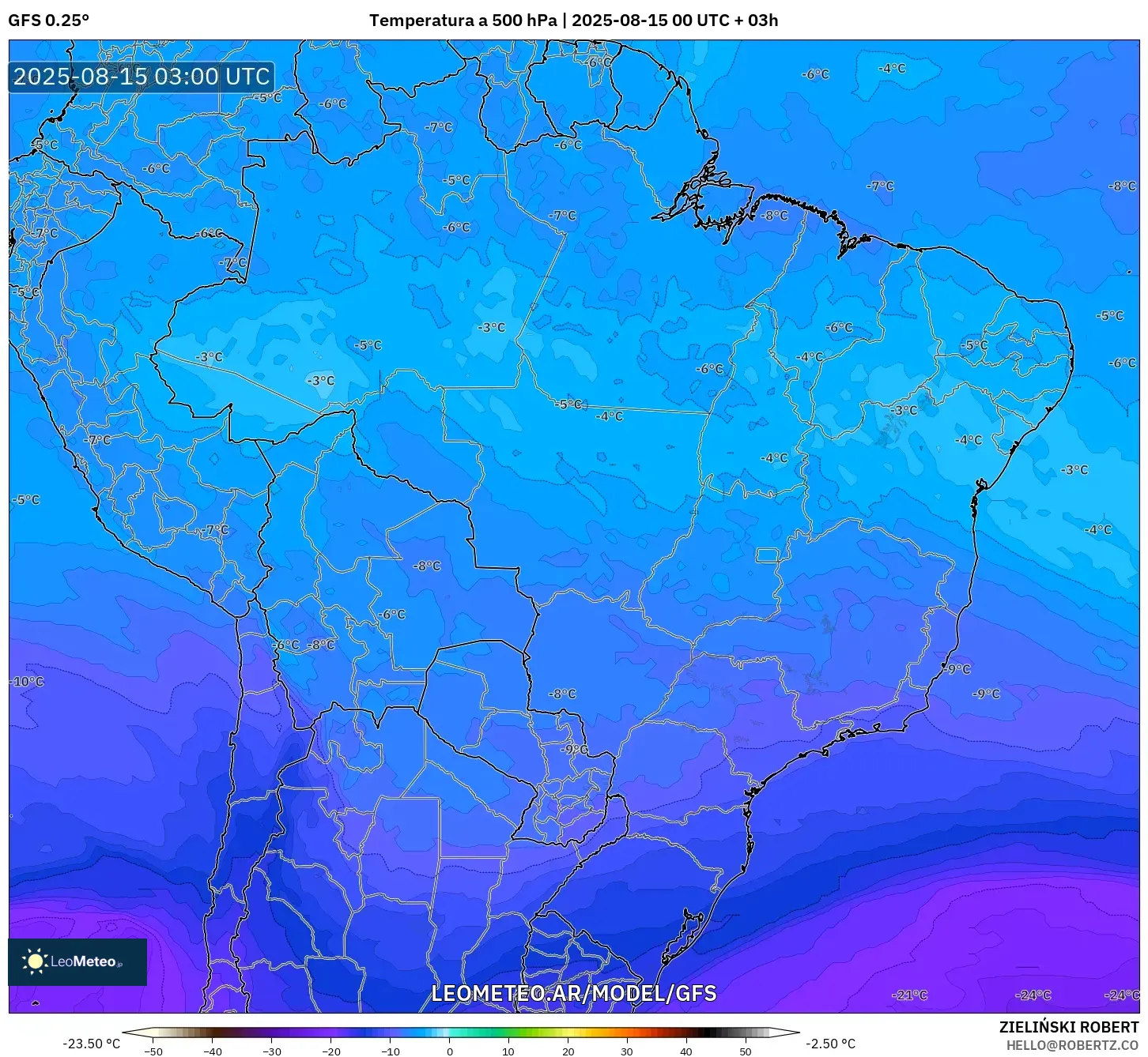GFS model - Brasil, Temperatura a 500 hPa