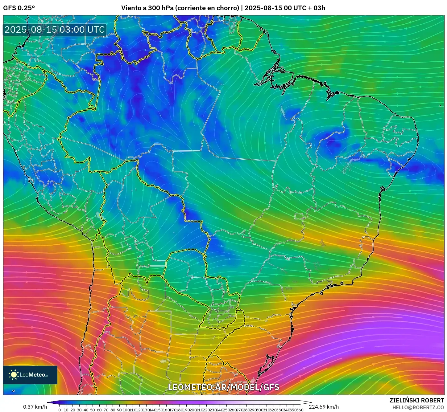 GFS model - Brasil, Viento a 300 hPa (corriente en chorro)