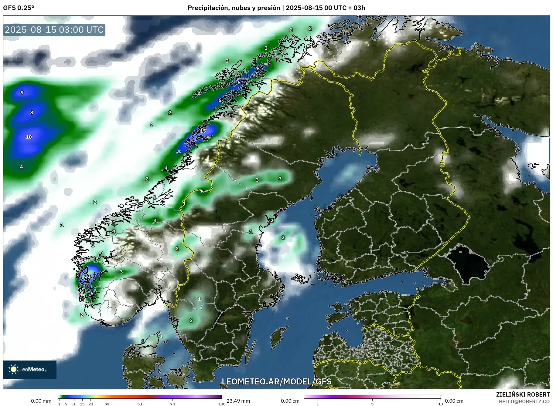 GFS model - Escandinavia, Precipitación, nubes y presión