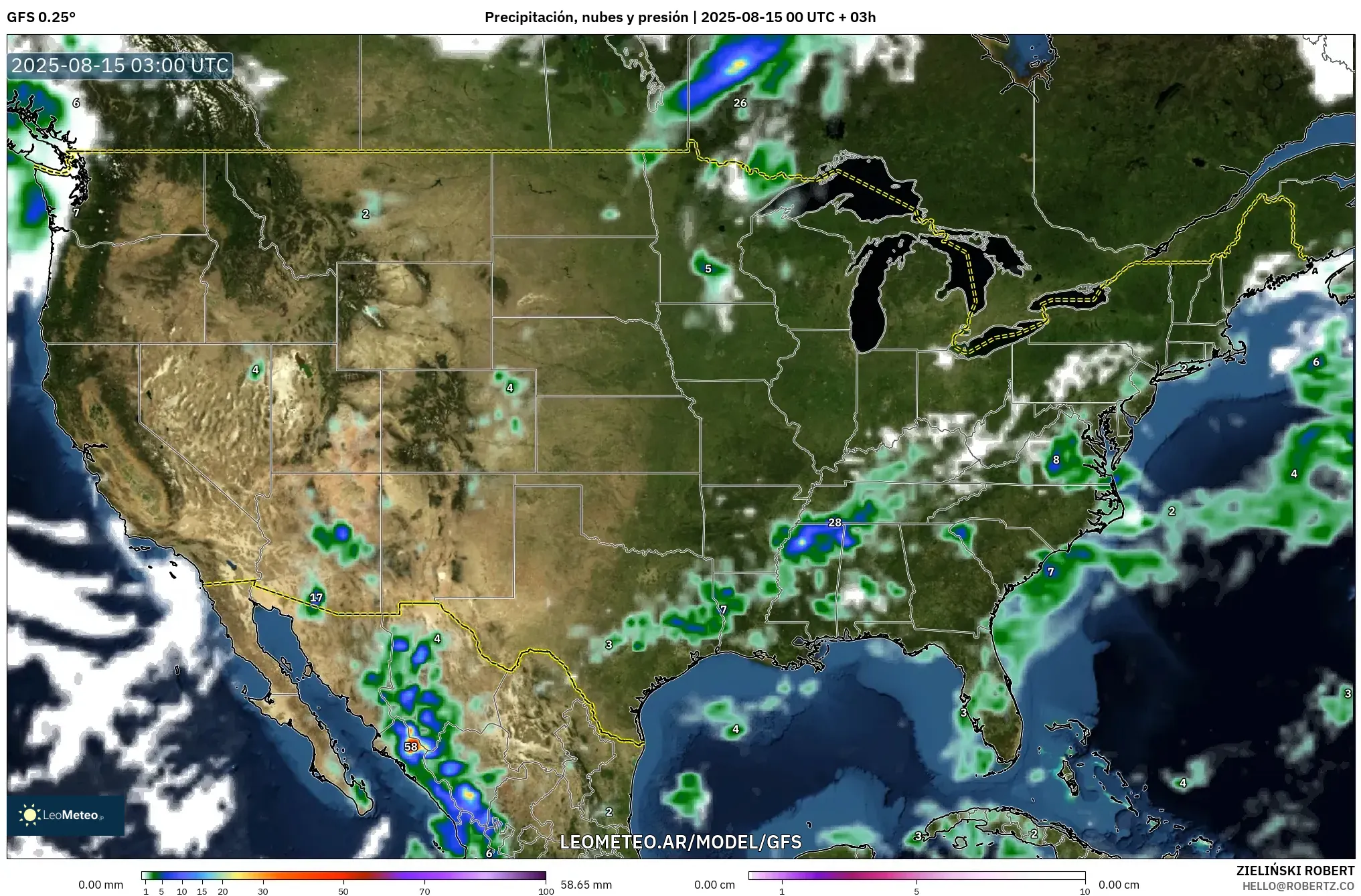 GFS model - Estados Unidos, Precipitación, nubes y presión
