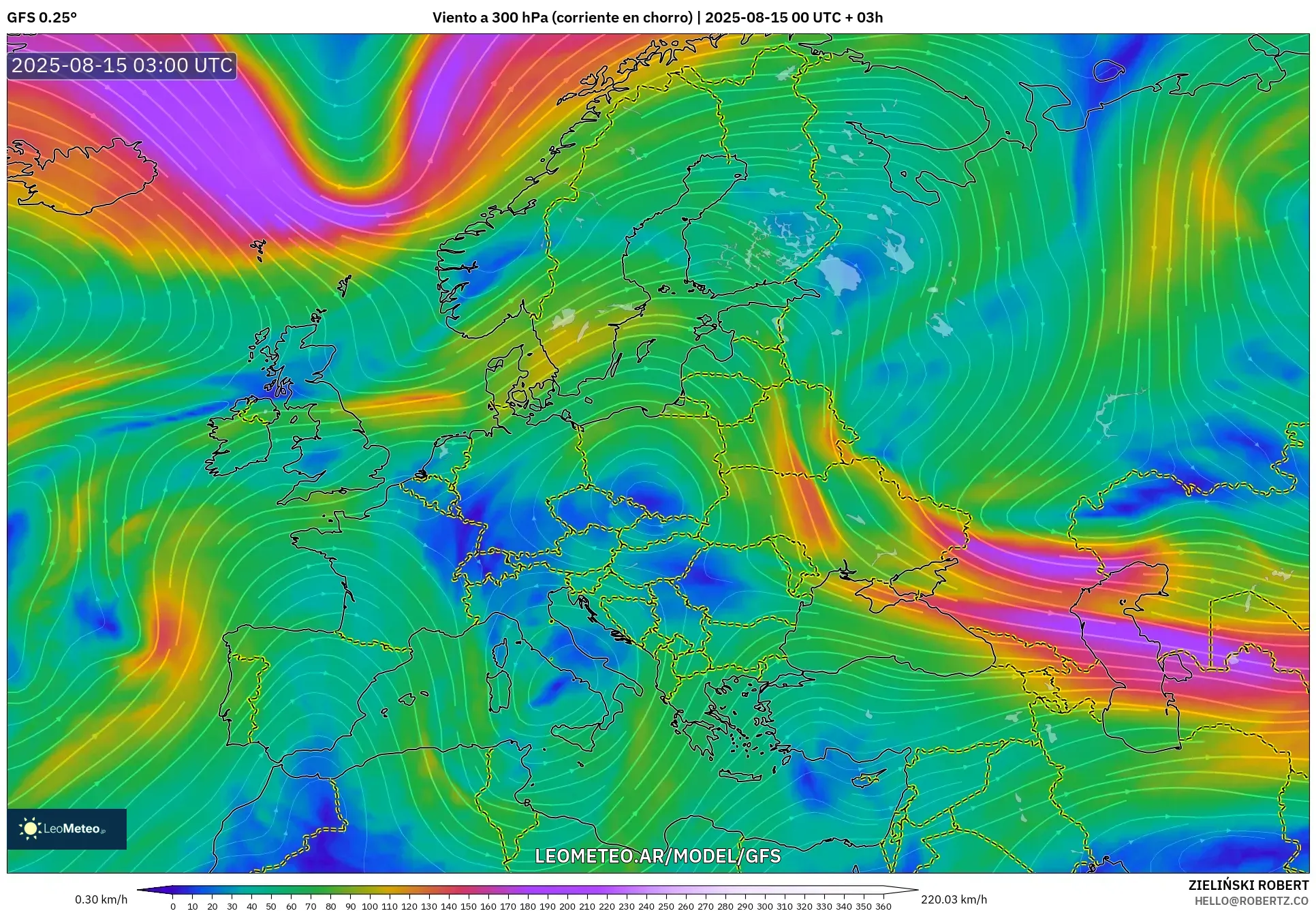 GFS model - Europa, Viento a 300 hPa (corriente en chorro)