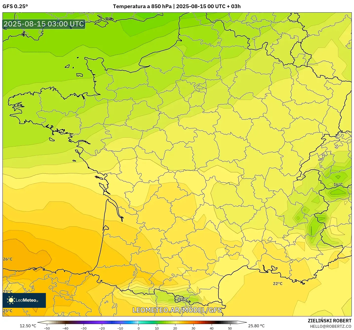 GFS model - Francia, Temperatura a 850 hPa