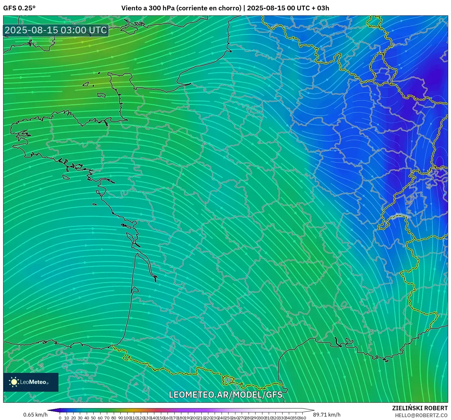GFS model - Francia, Viento a 300 hPa (corriente en chorro)