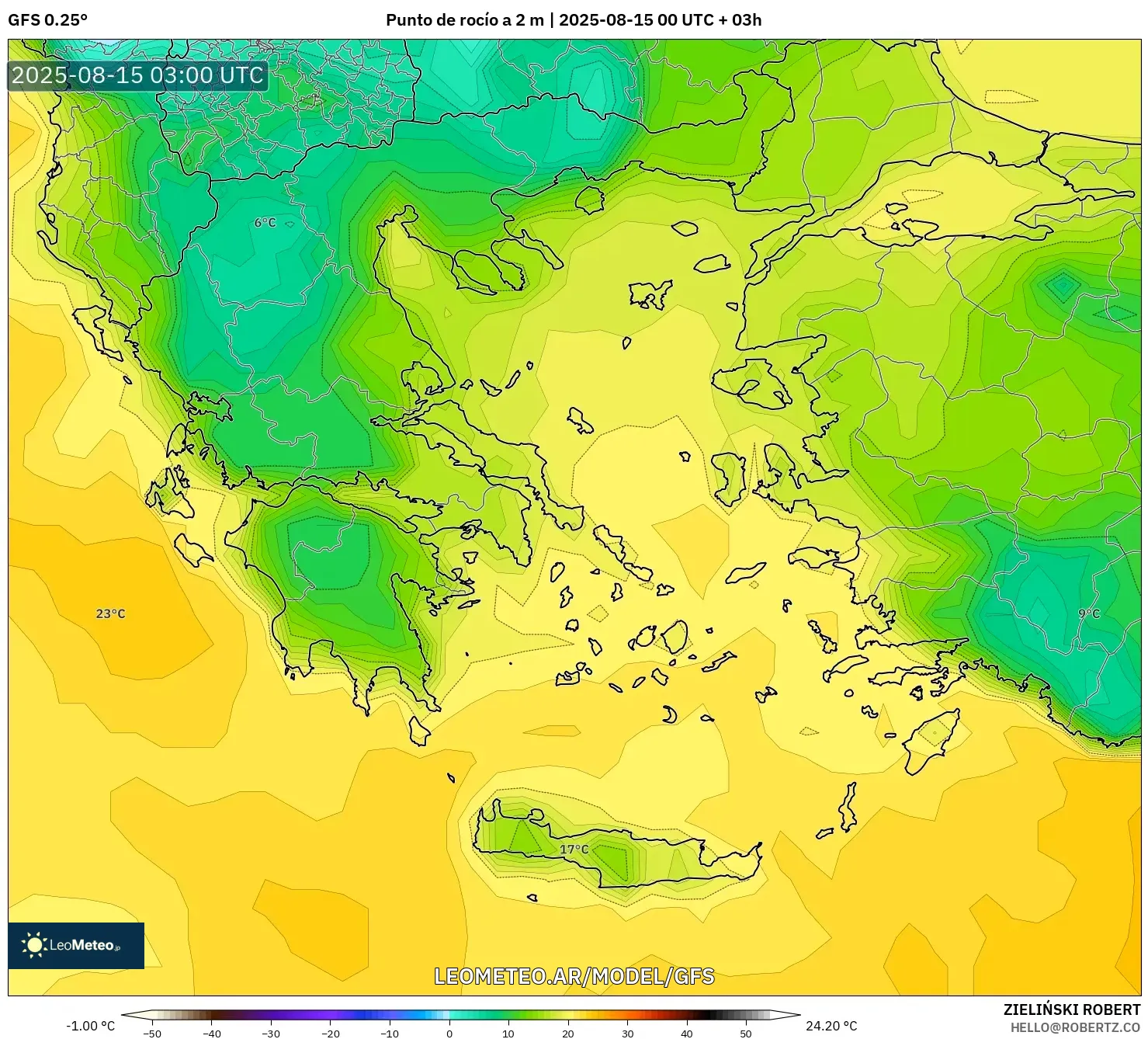 GFS model - Grecia, Punto de rocío a 2 m