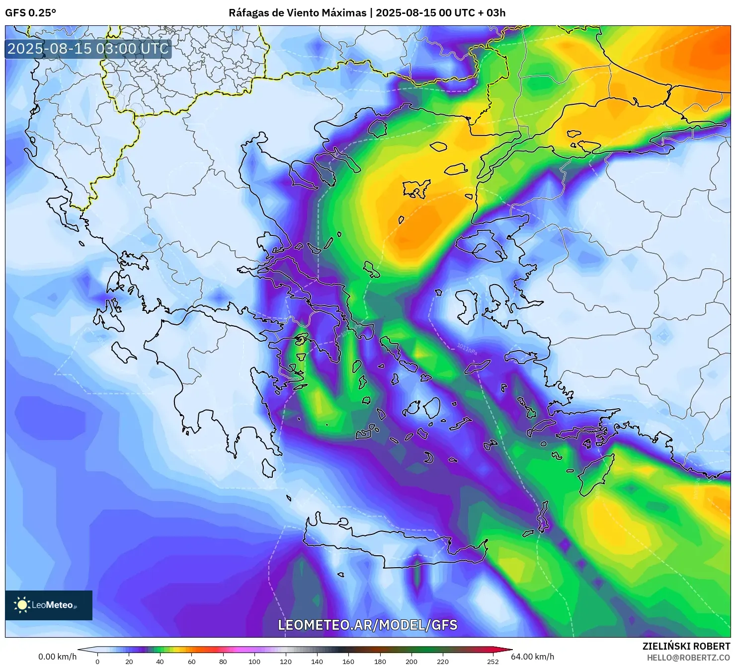 GFS model - Grecia, Ráfagas de Viento Máximas