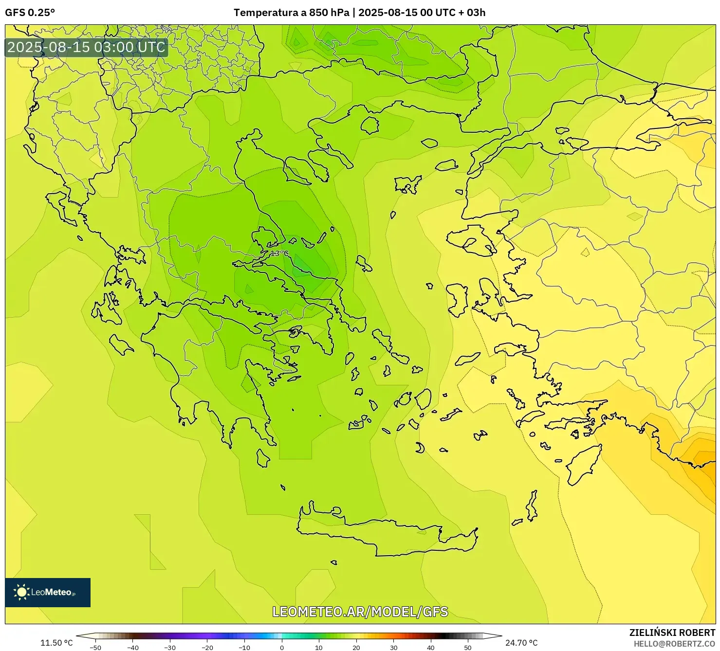 GFS model - Grecia, Temperatura a 850 hPa