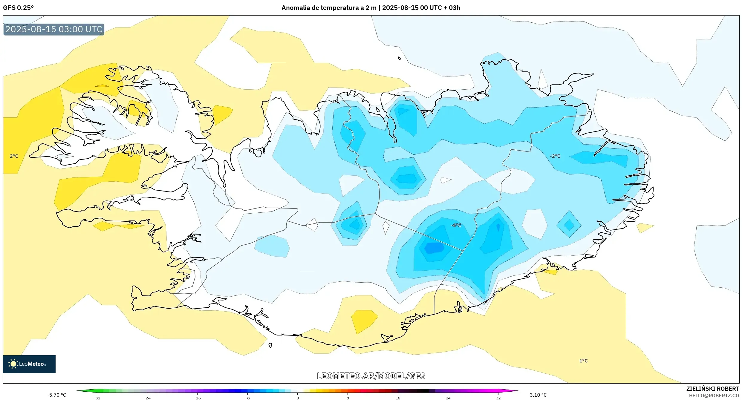 GFS model - Islandia, Anomalía de temperatura a 2 m