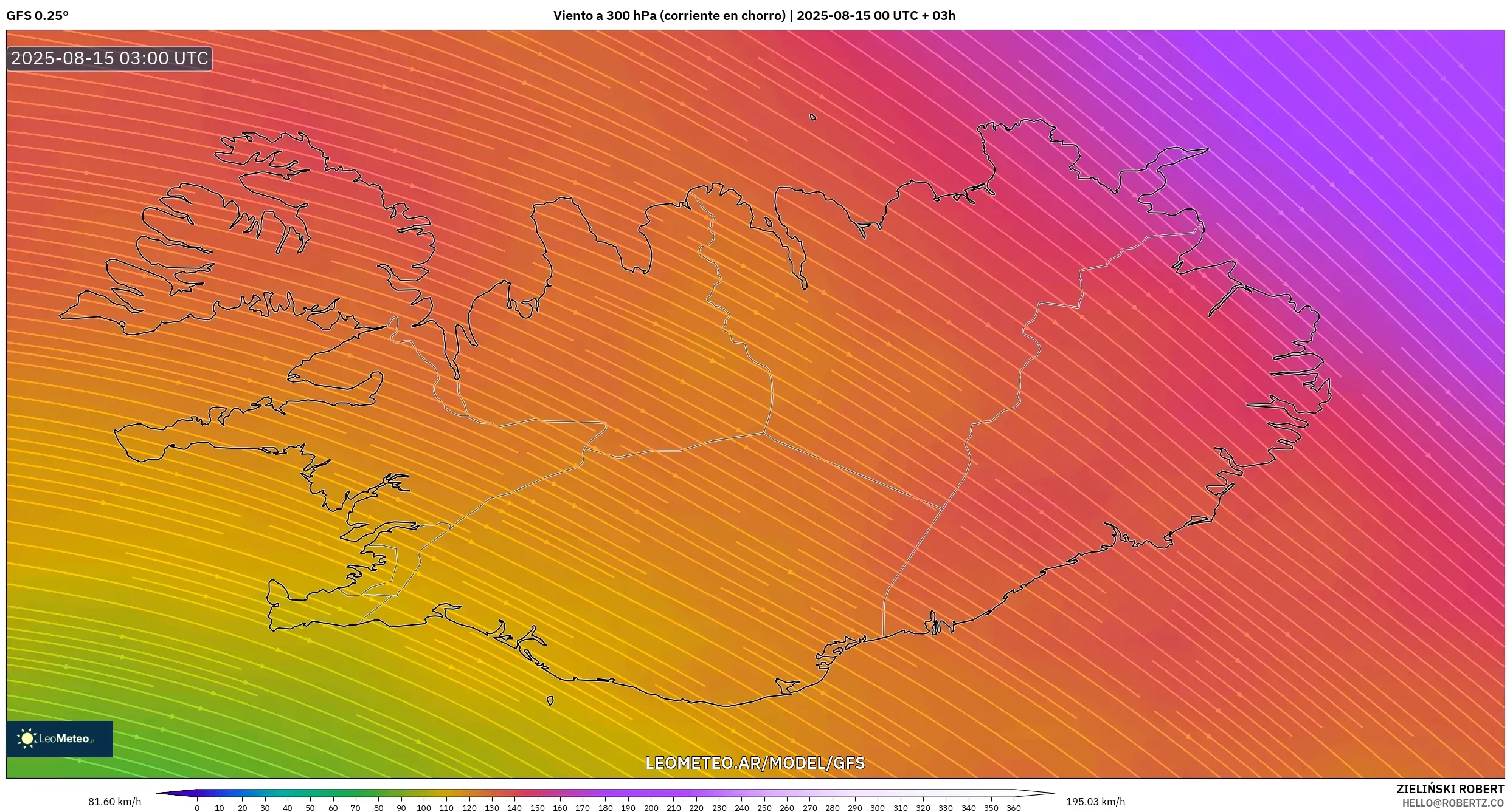 GFS model - Islandia, Viento a 300 hPa (corriente en chorro)