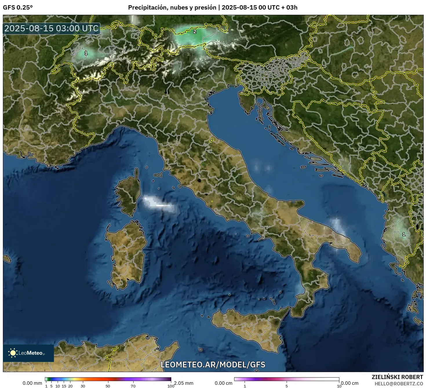 GFS model - Italia, Precipitación, nubes y presión