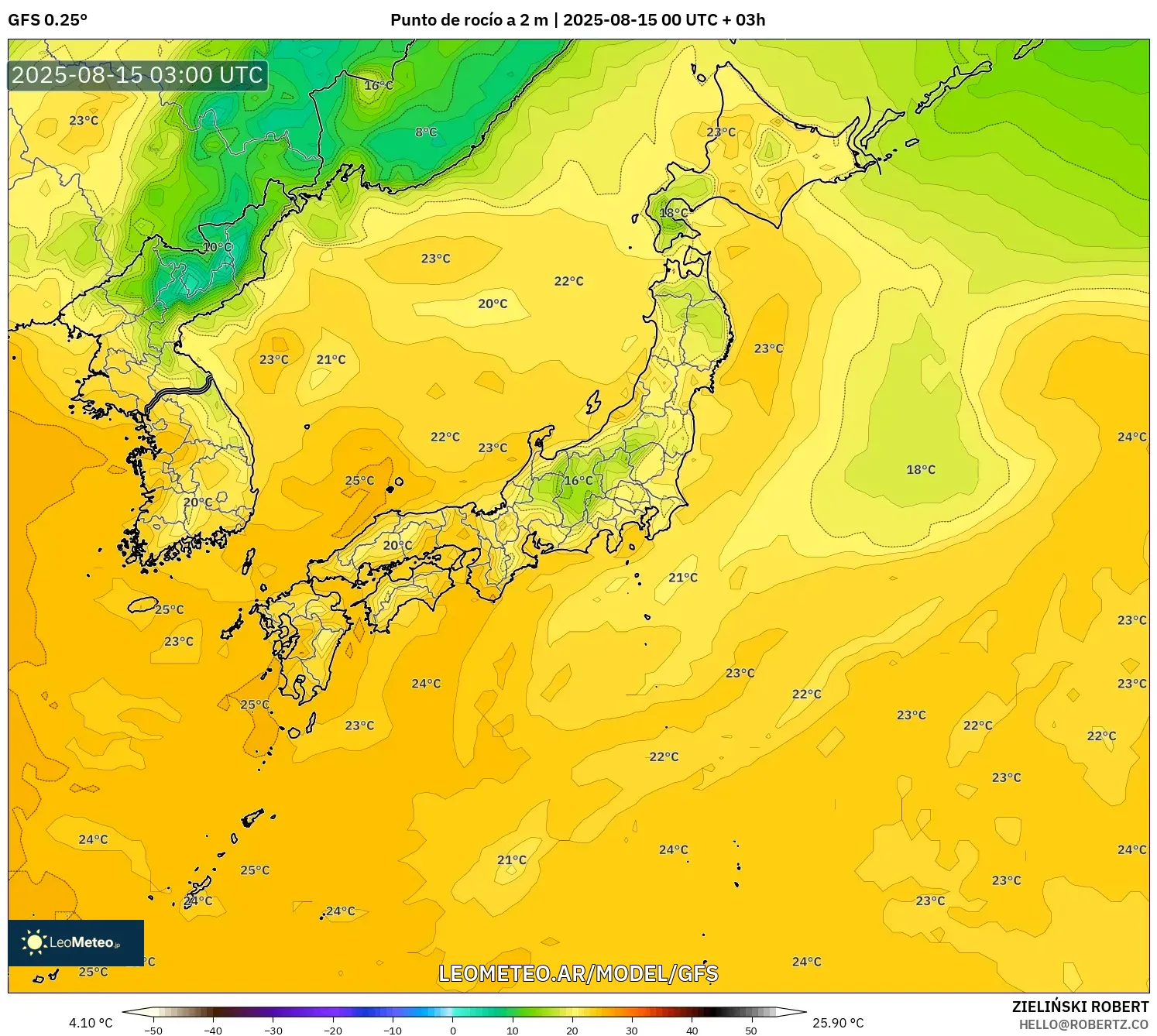 GFS model - Japón, Punto de rocío a 2 m