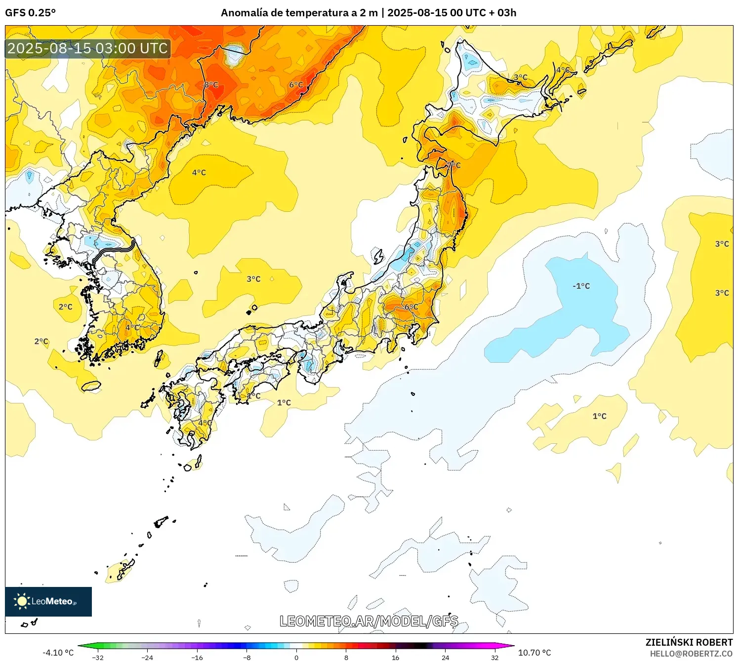 GFS model - Japón, Anomalía de temperatura a 2 m