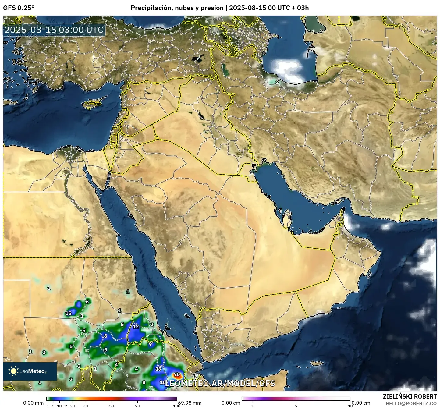 GFS model - Oriente Medio, Precipitación, nubes y presión