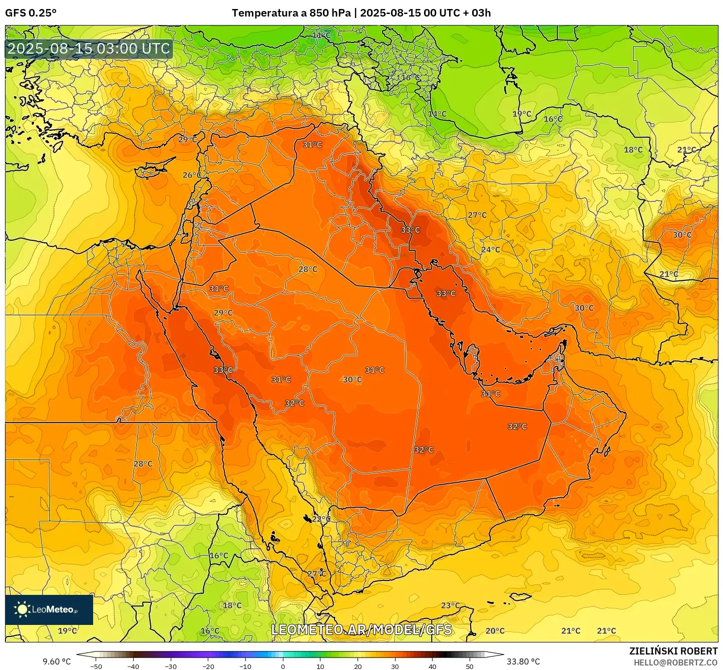 GFS model - Oriente Medio, Temperatura a 850 hPa