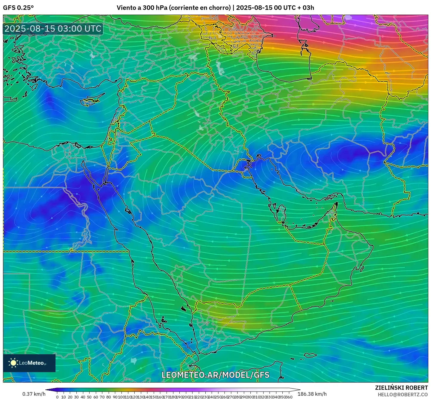 GFS model - Oriente Medio, Viento a 300 hPa (corriente en chorro)