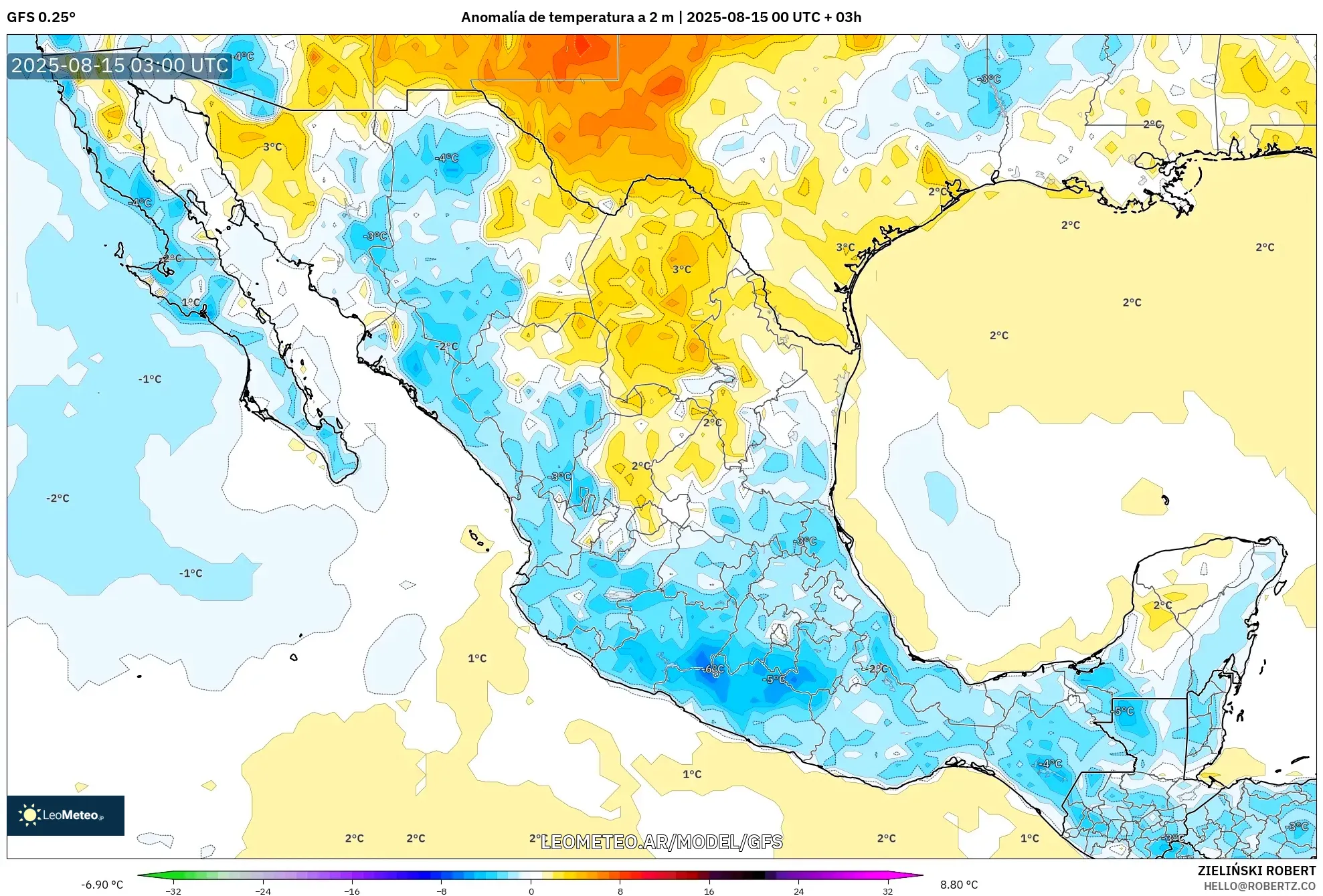 GFS model - México, Anomalía de temperatura a 2 m
