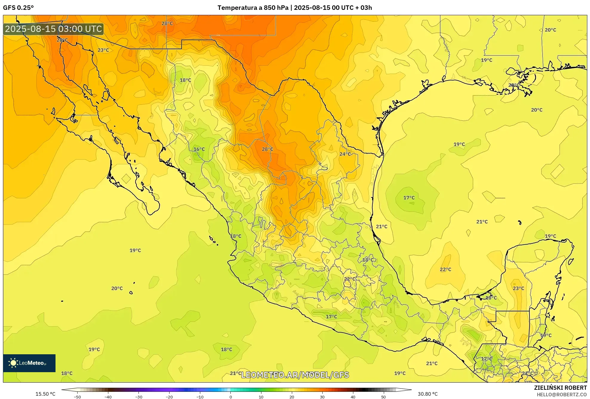 GFS model - México, Temperatura a 850 hPa