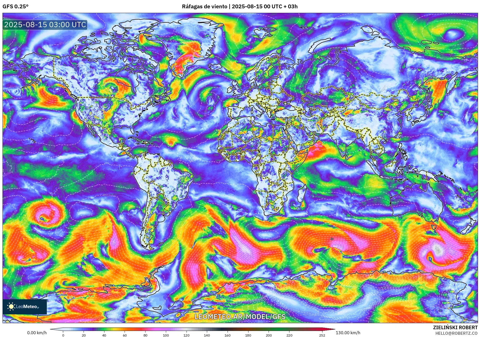 GFS model - Mundo, Ráfagas de viento