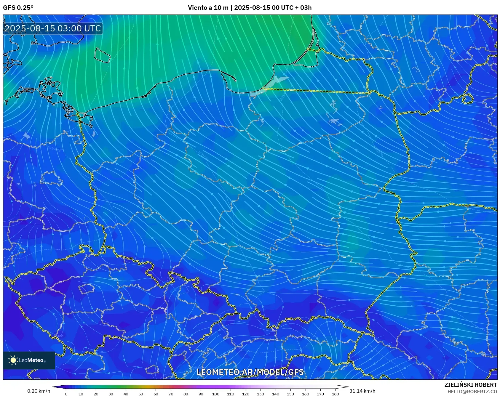 GFS model - Polonia, Viento a 10 m