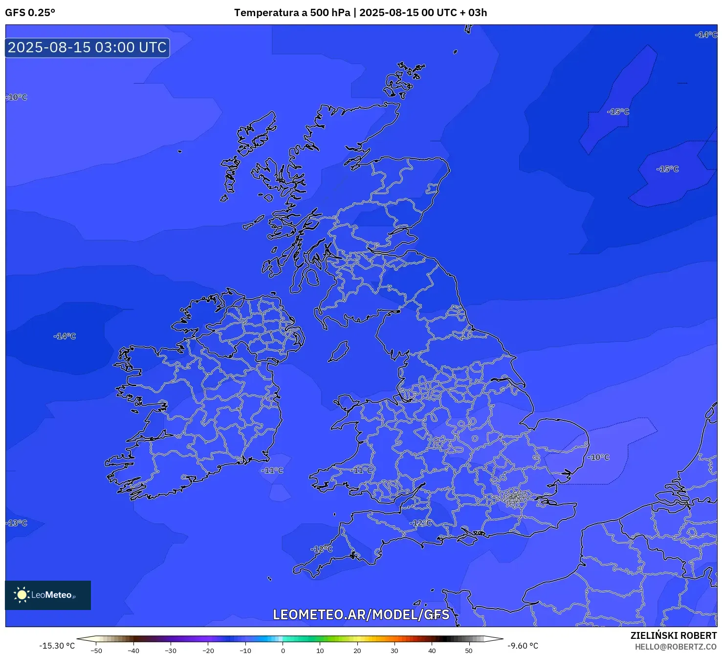 GFS model - Reino Unido, Temperatura a 500 hPa