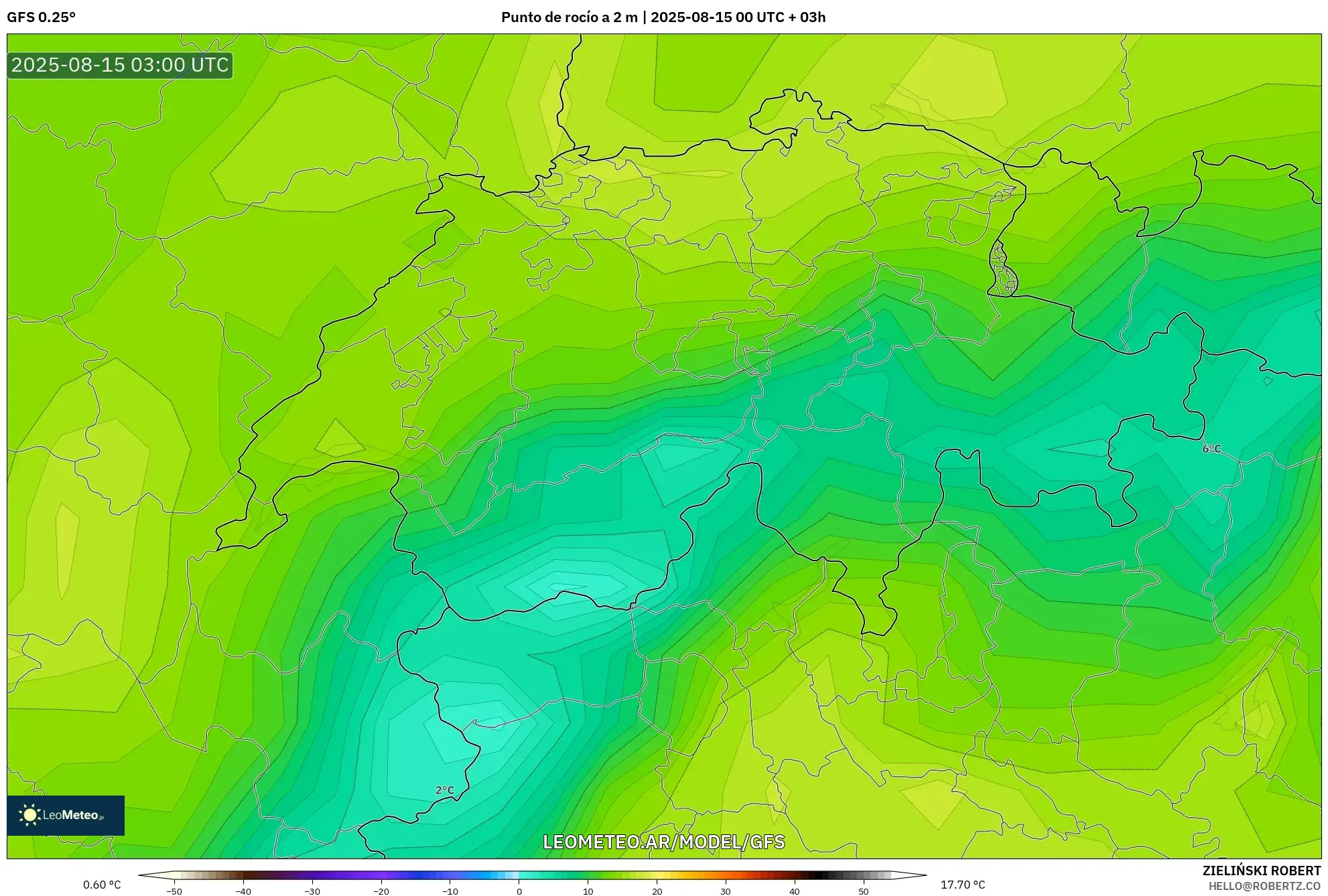 GFS model - Suiza, Punto de rocío a 2 m