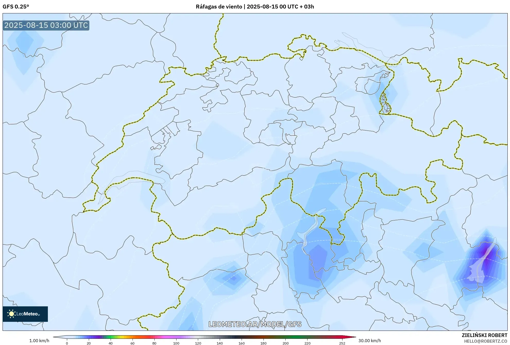 GFS model - Suiza, Ráfagas de viento
