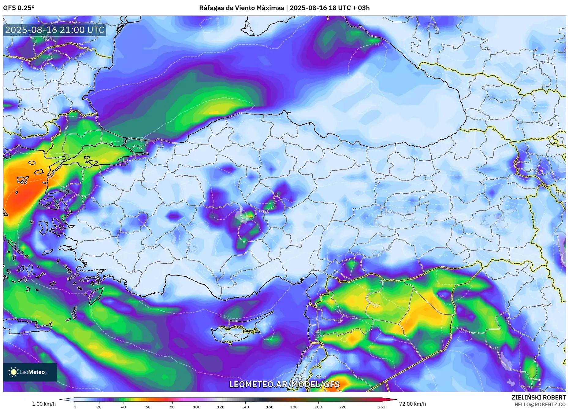 GFS model - Turquía, Ráfagas de Viento Máximas