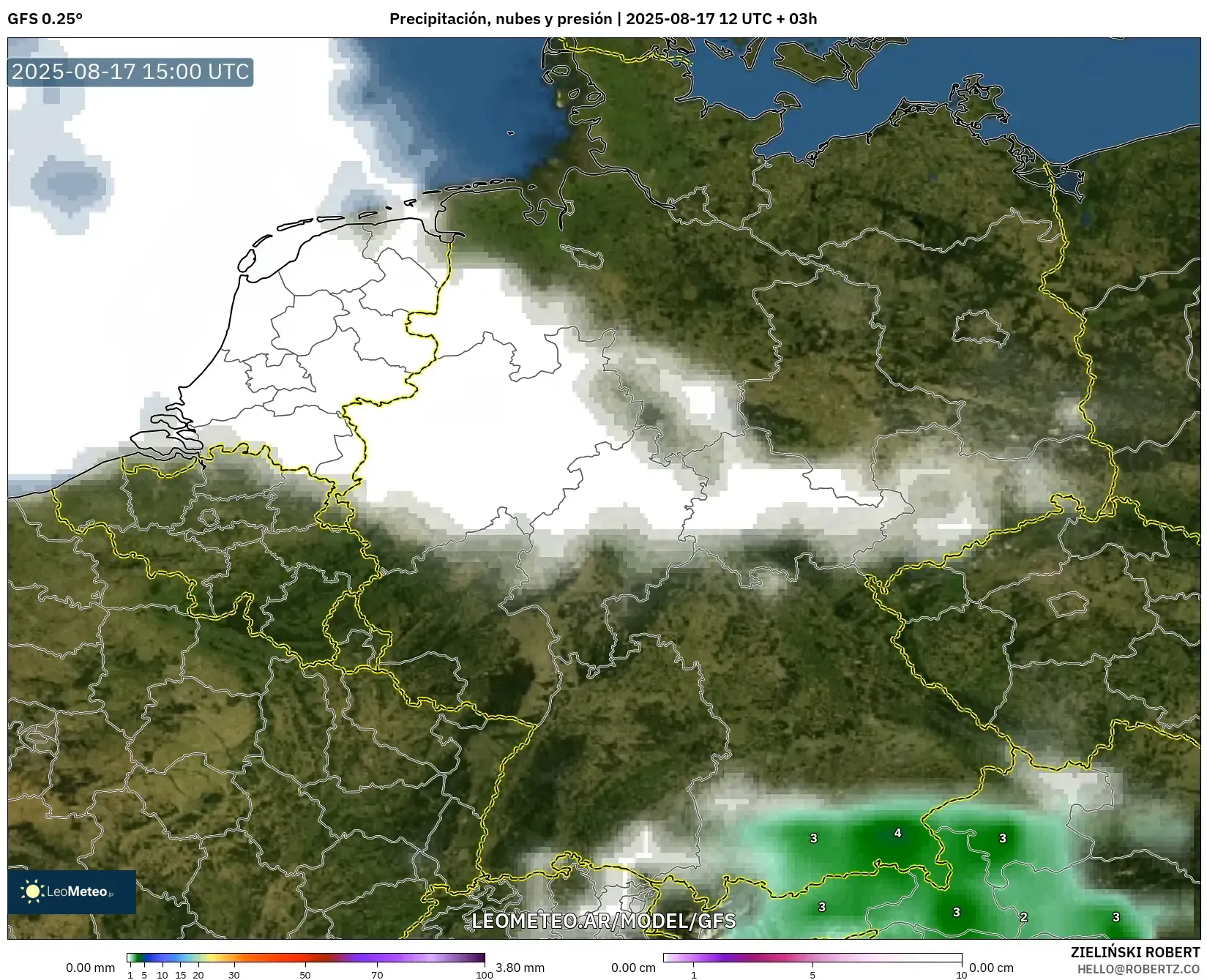 GFS model - Alemania, Precipitación, nubes y presión GFS model - Alemania, Precipitación, nubes y presión