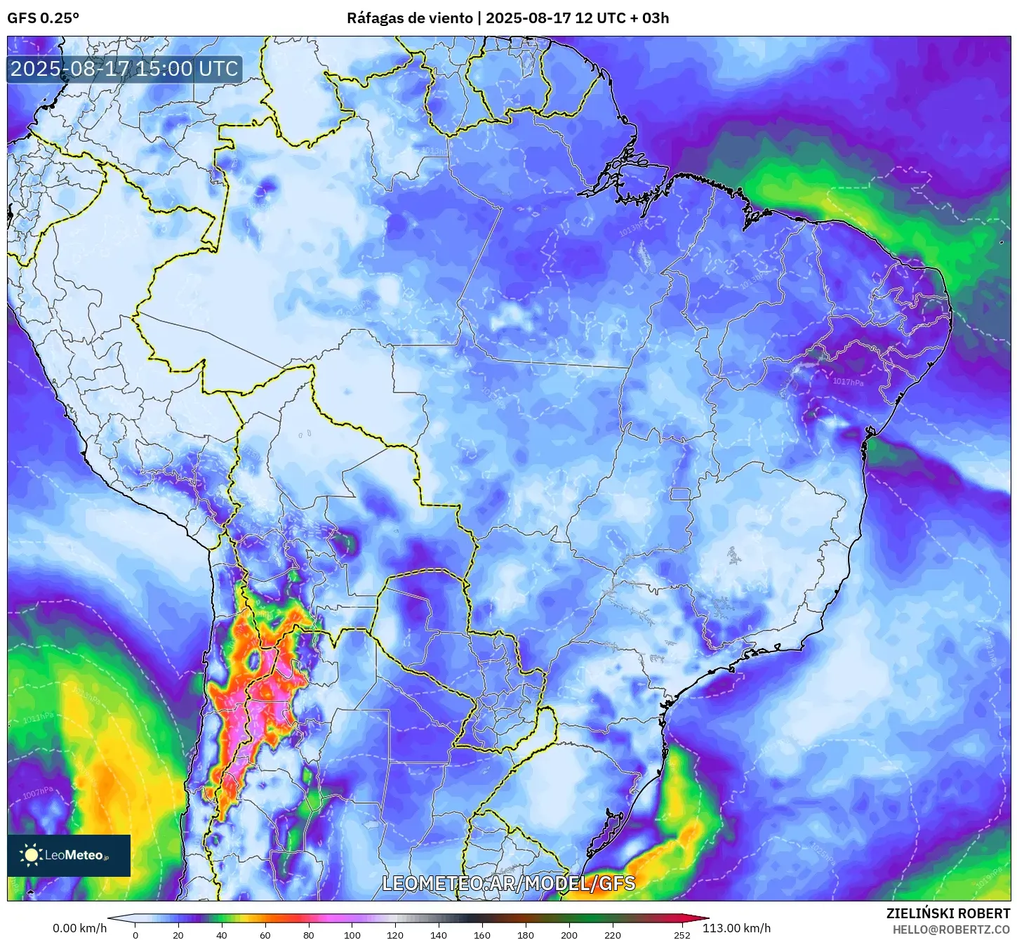GFS model - Brasil, Ráfagas de viento GFS model - Brasil, Ráfagas de viento