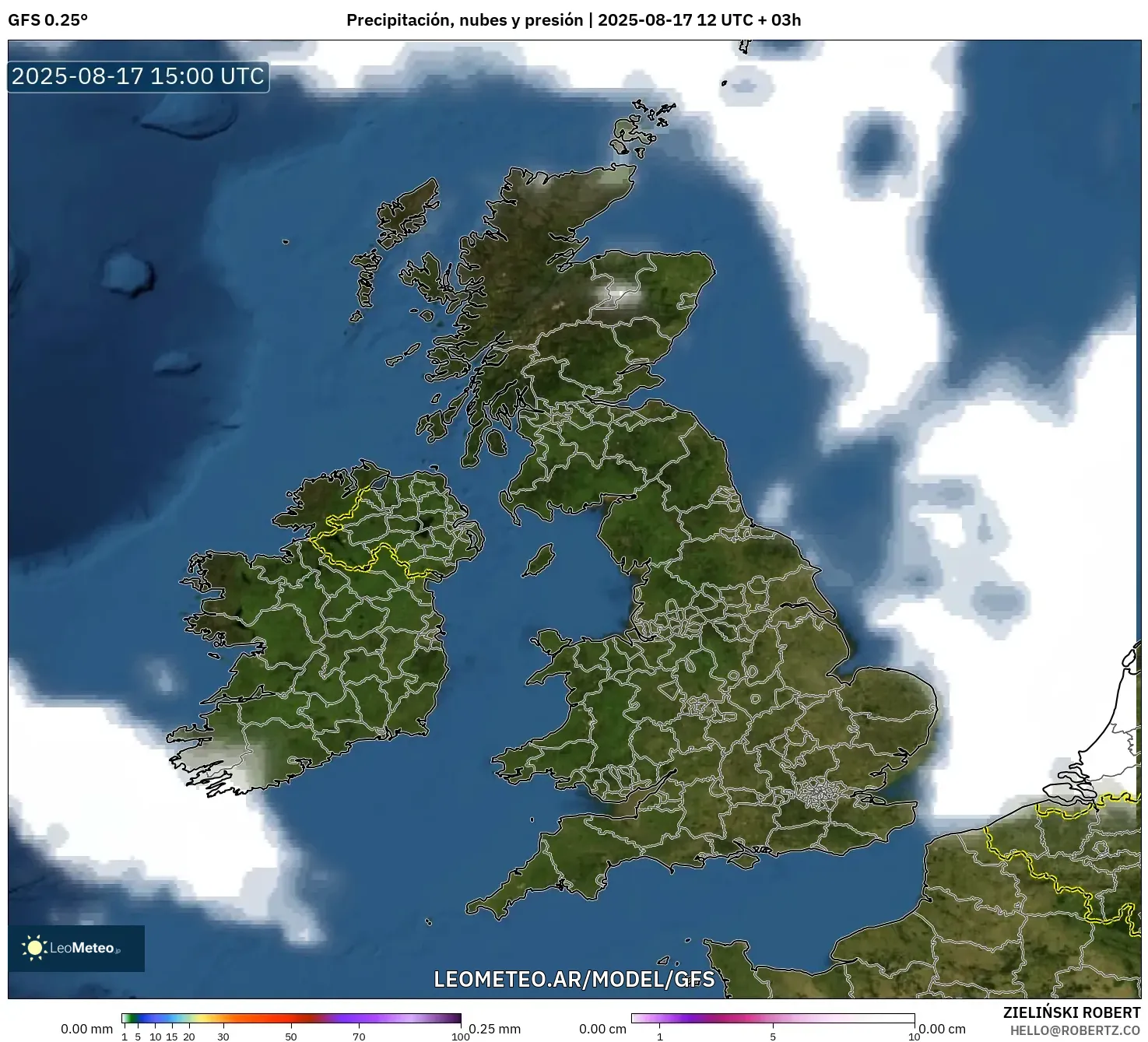 GFS model - Reino Unido, Precipitación, nubes y presión GFS model - Reino Unido, Precipitación, nubes y presión