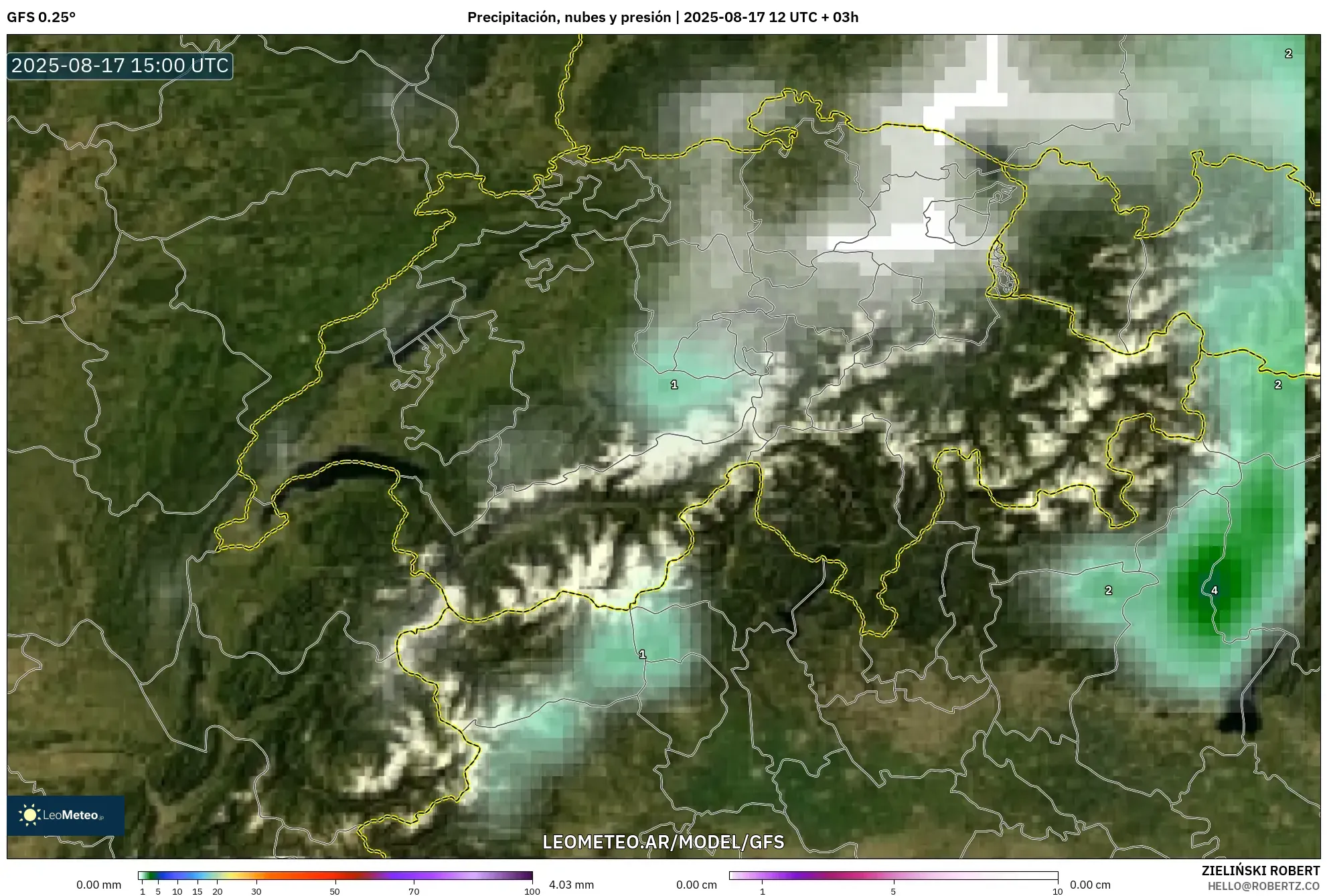 GFS model - Suiza, Precipitación, nubes y presión GFS model - Suiza, Precipitación, nubes y presión