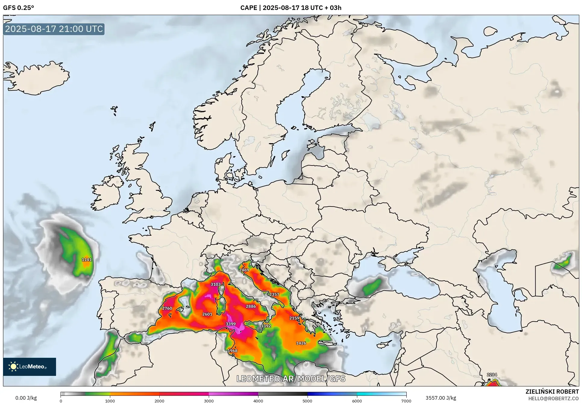 GFS model - Europa, CAPE GFS model - Europa, CAPE