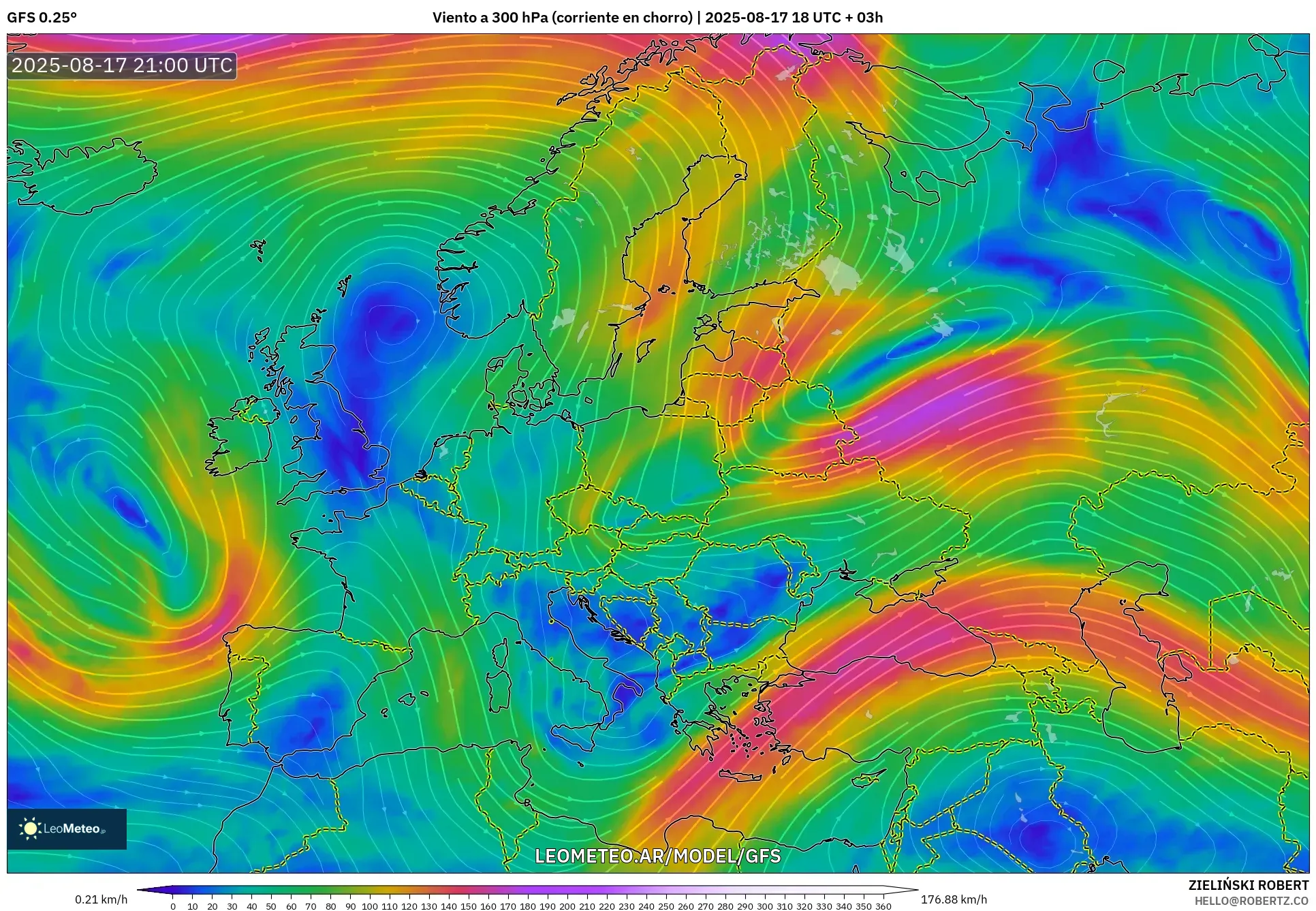 GFS model - Europa, Viento a 300 hPa (corriente en chorro) GFS model - Europa, Viento a 300 hPa (corriente en chorro)