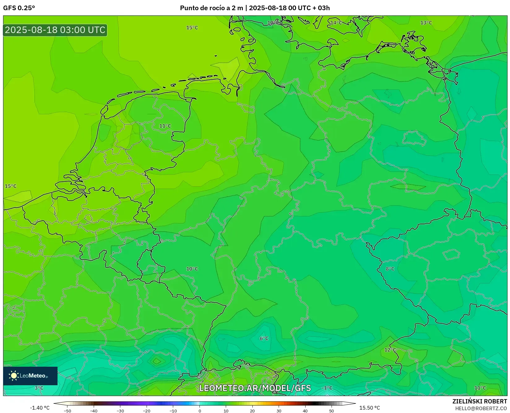 GFS model - Alemania, Punto de rocío a 2 m GFS model - Alemania, Punto de rocío a 2 m