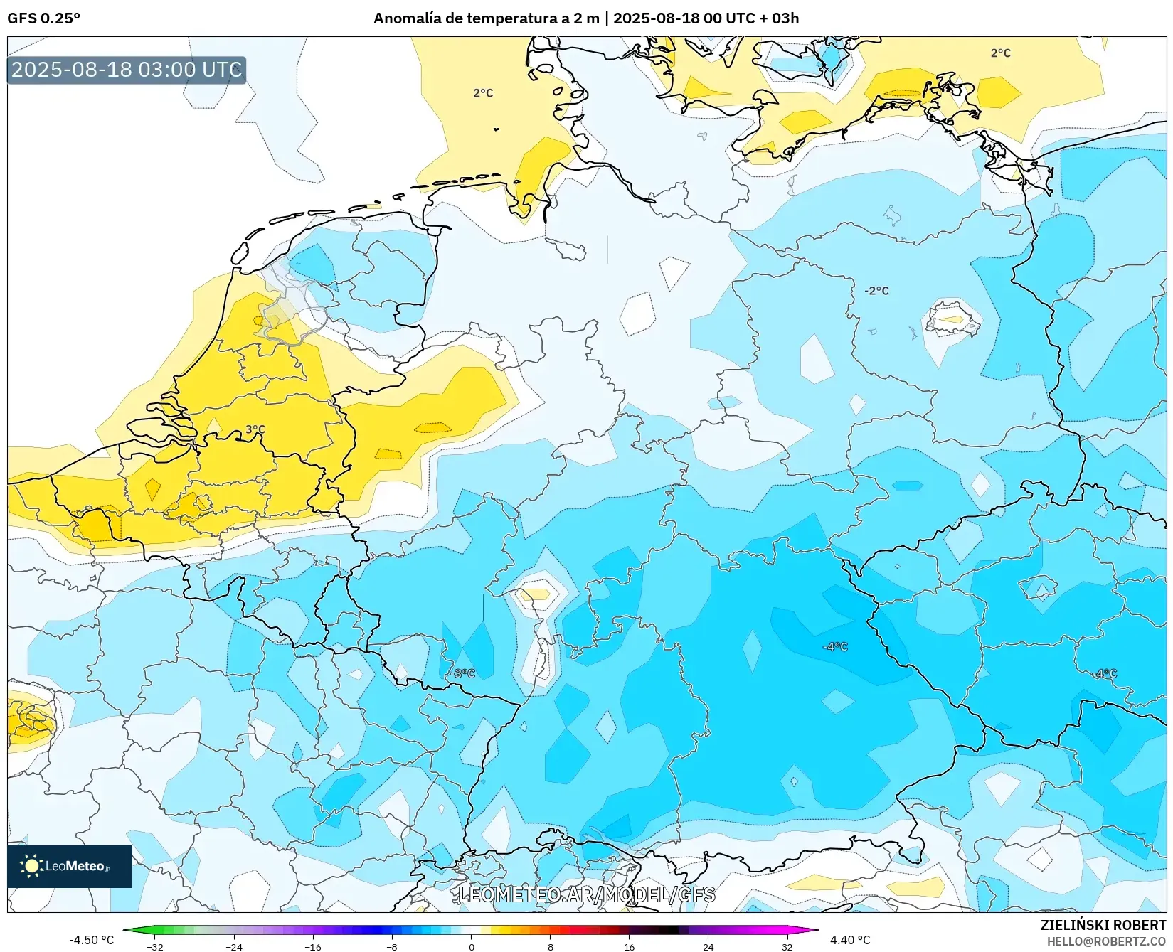 GFS model - Alemania, Anomalía de temperatura a 2 m GFS model - Alemania, Anomalía de temperatura a 2 m