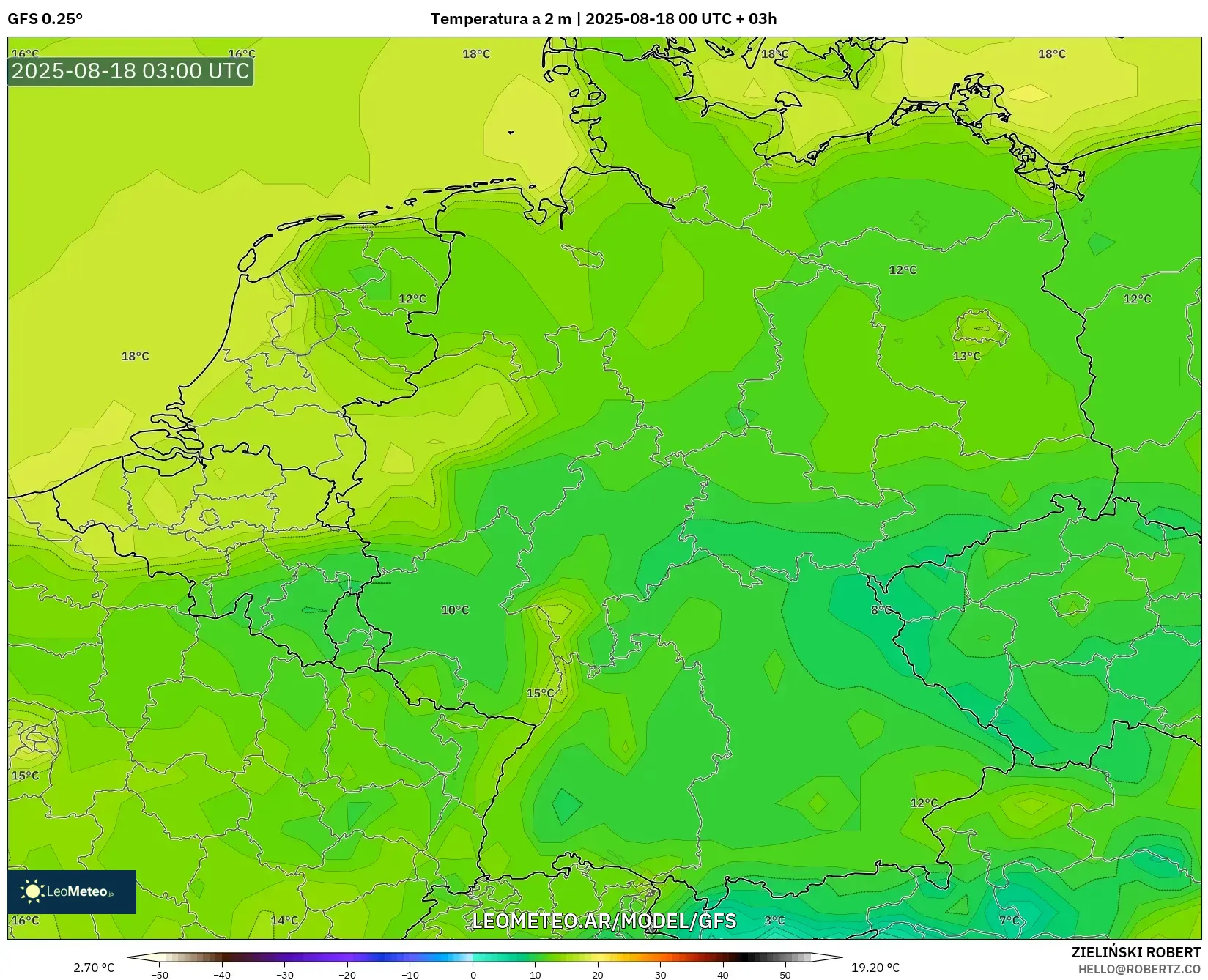 GFS model - Alemania, Temperatura a 2 m GFS model - Alemania, Temperatura a 2 m