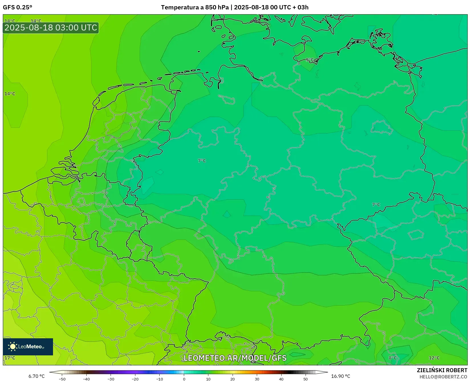 GFS model - Alemania, Temperatura a 850 hPa