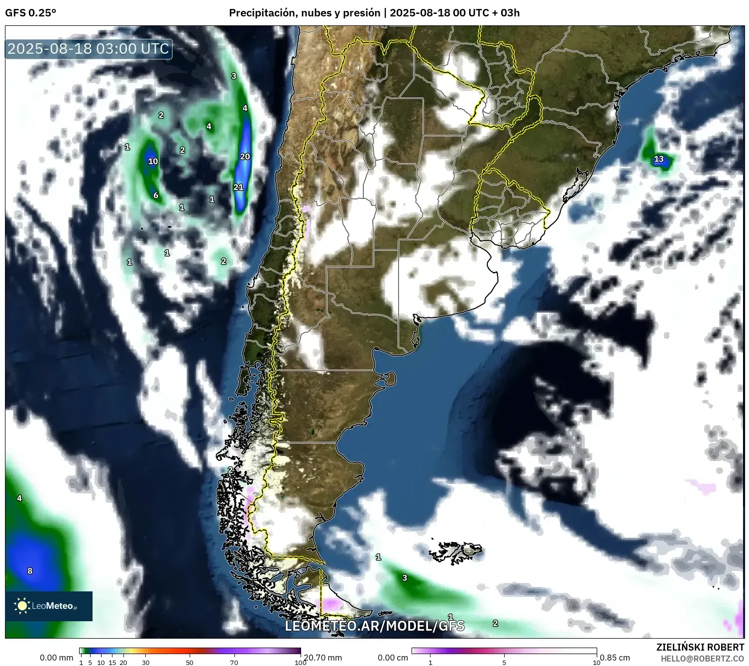 GFS model - Argentina, Precipitación, nubes y presión GFS model - Argentina, Precipitación, nubes y presión