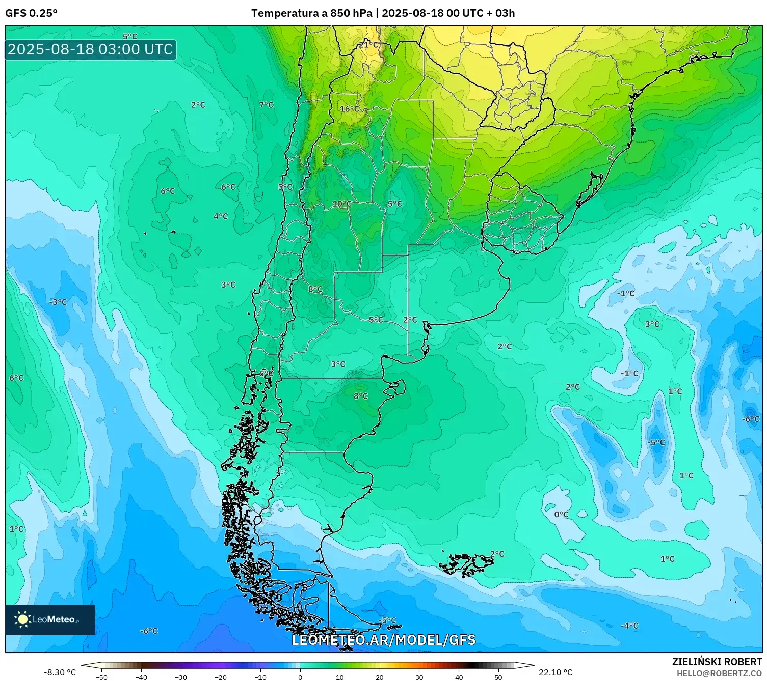 GFS model - Argentina, Temperatura a 850 hPa