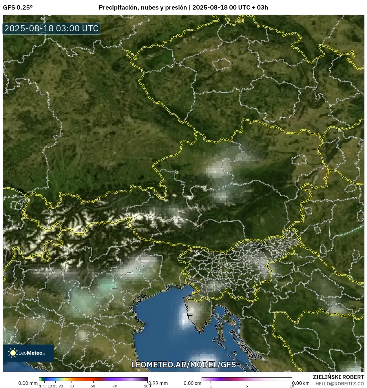 GFS model - Austria, Precipitación, nubes y presión GFS model - Austria, Precipitación, nubes y presión