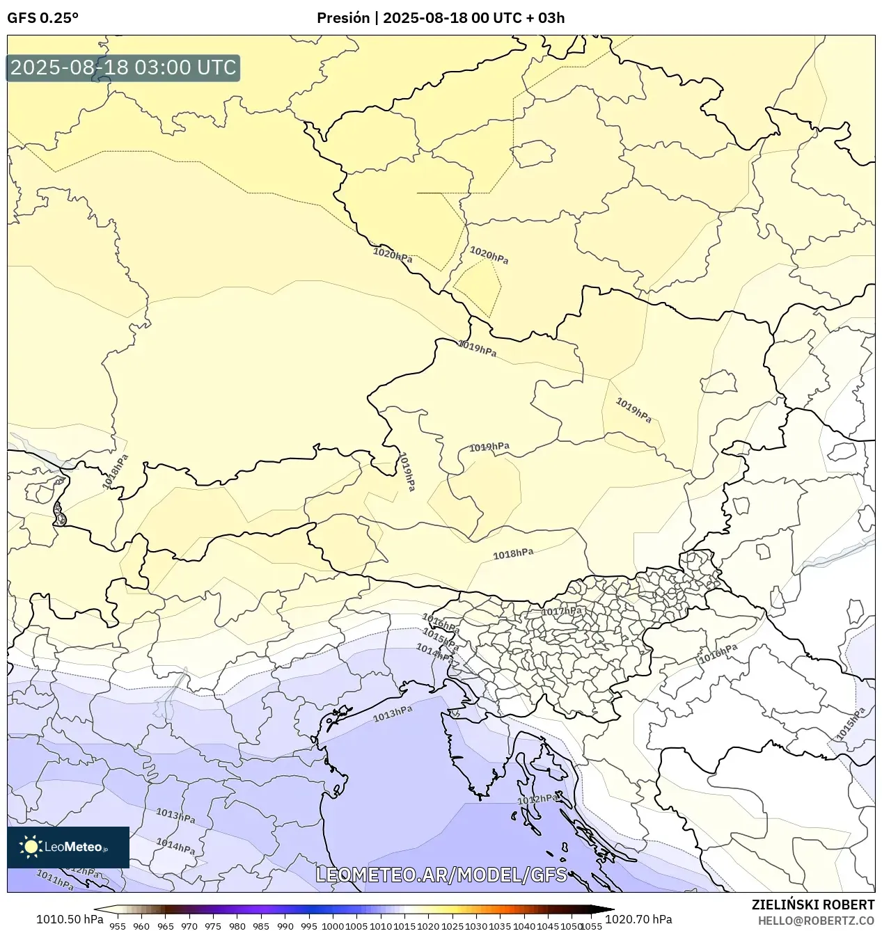 GFS model - Austria, Presión GFS model - Austria, Presión