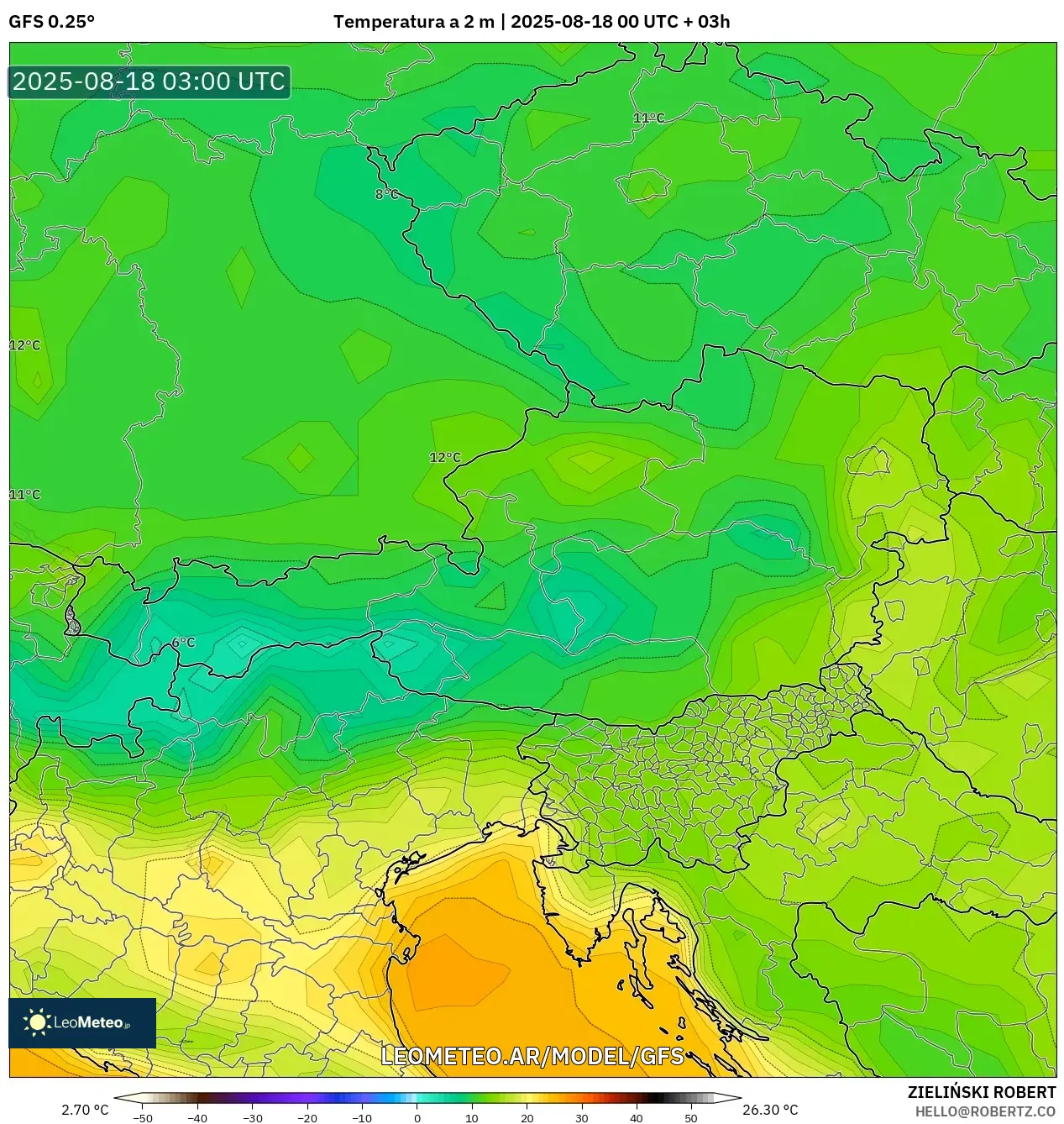GFS model - Austria, Temperatura a 2 m