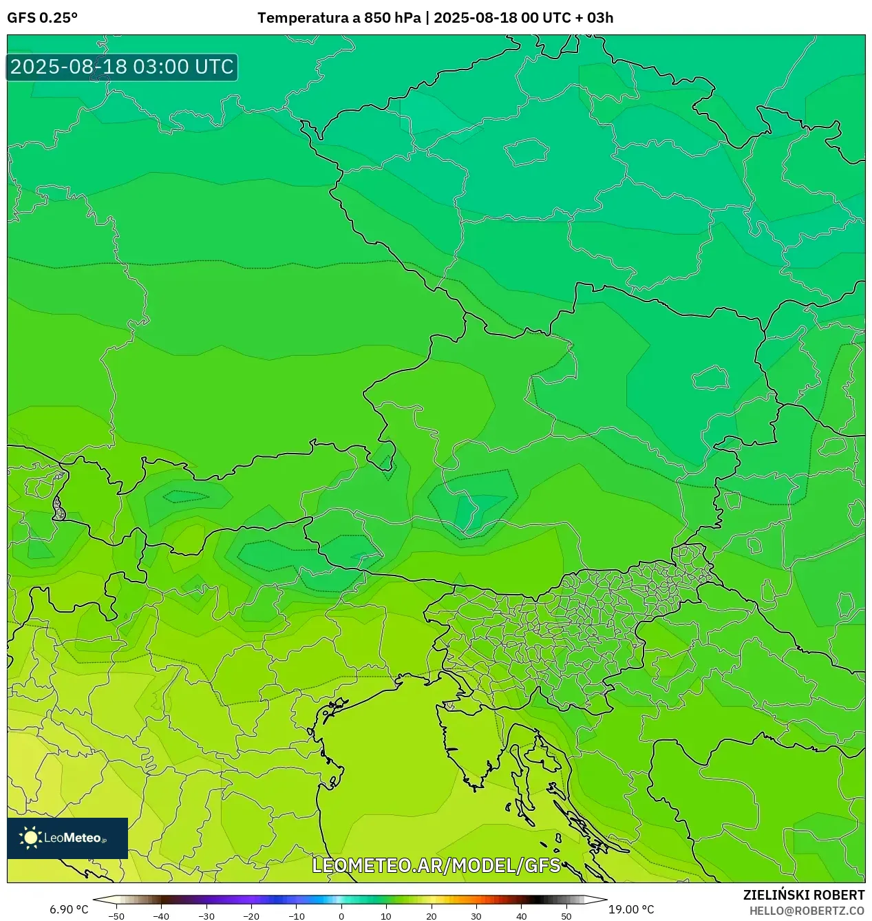 GFS model - Austria, Temperatura a 850 hPa