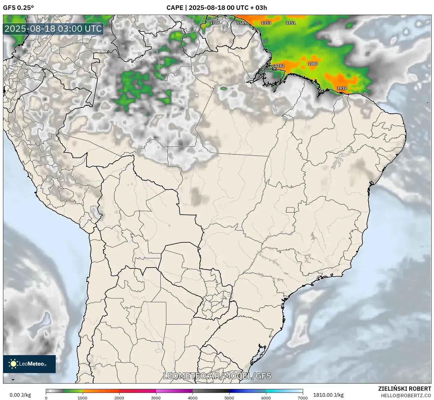 GFS model - Brasil, CAPE GFS model - Brasil, CAPE