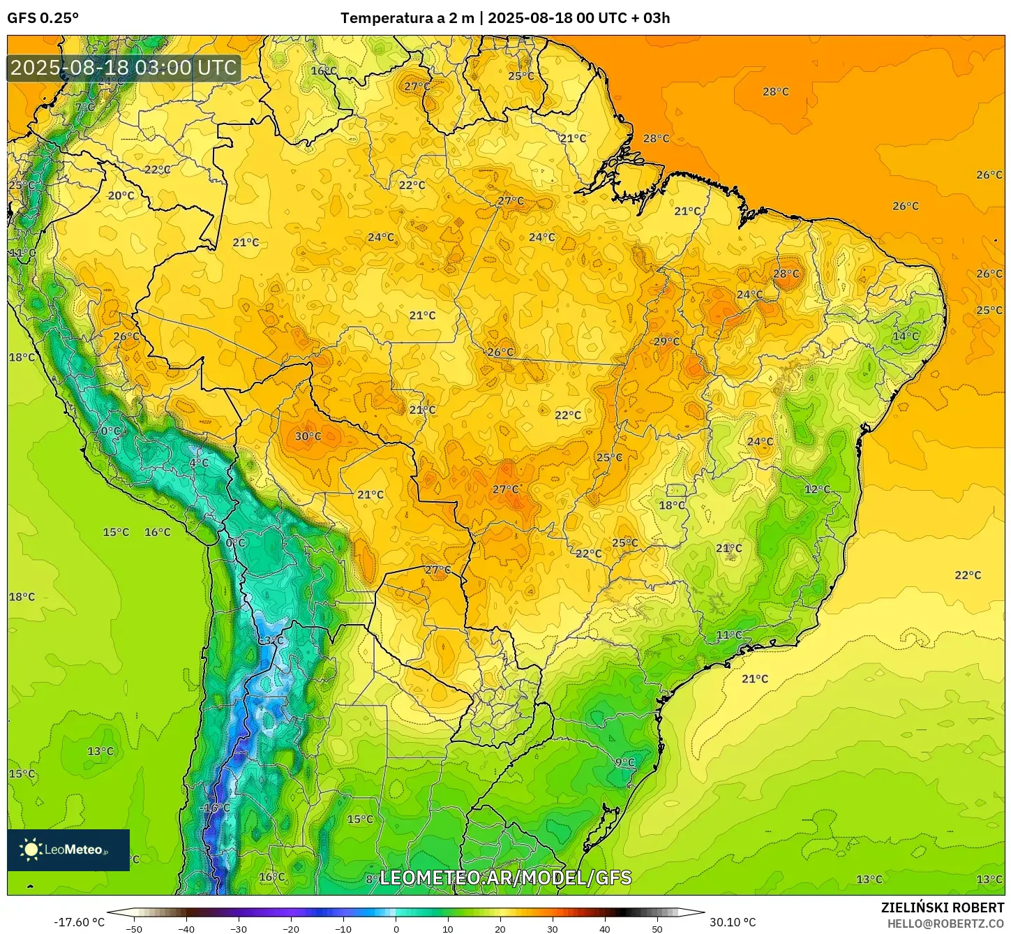 GFS model - Brasil, Temperatura a 2 m GFS model - Brasil, Temperatura a 2 m